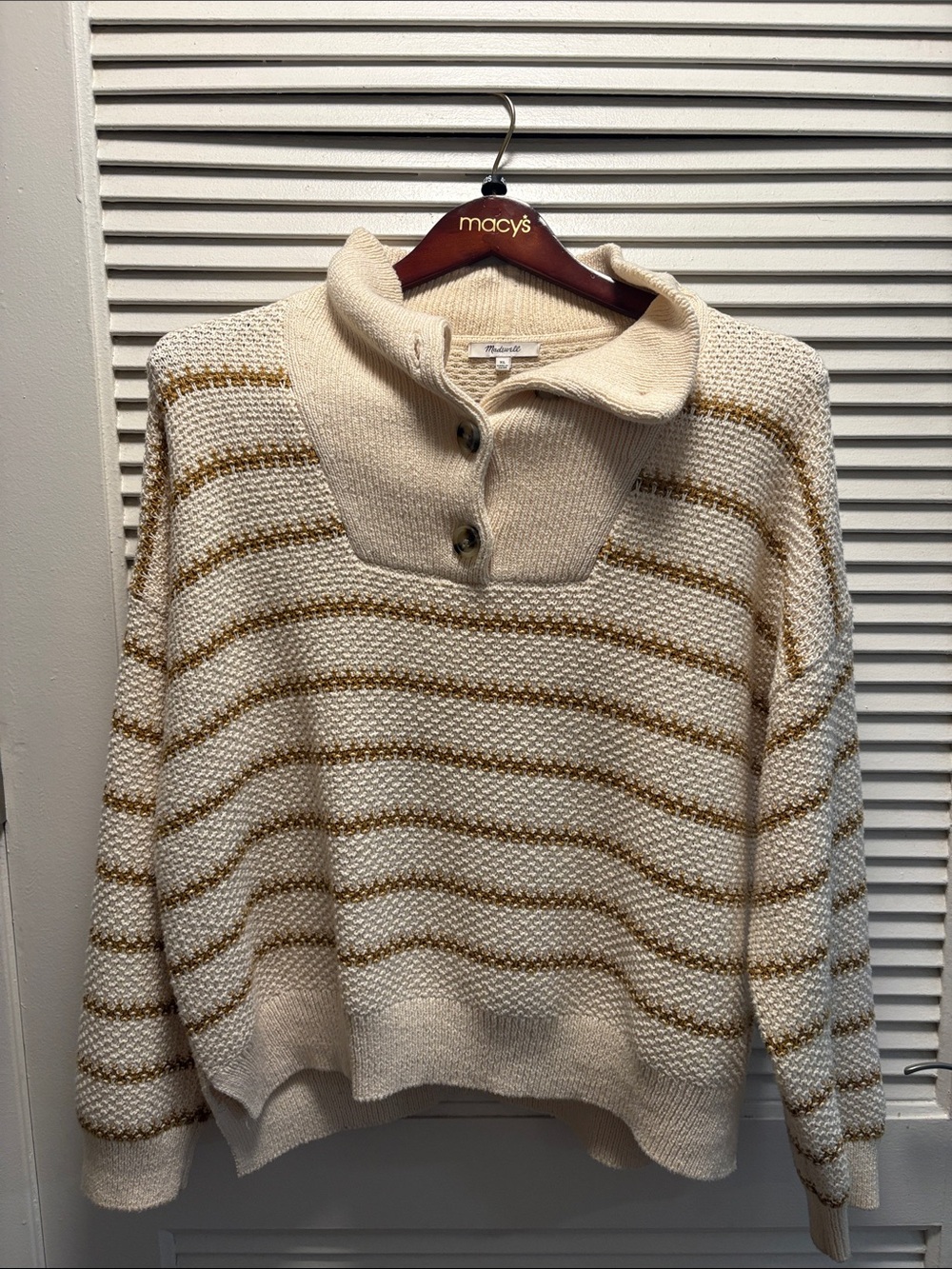 Madewell Cream Sweater with Gold Stripe Button-Neck size xl